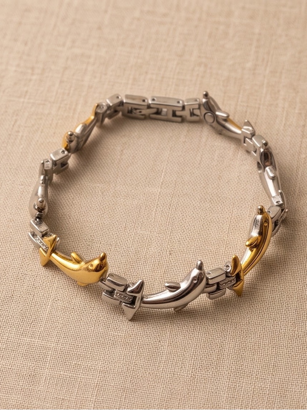 Magnetic Two-Tone Dolphin Link Bracelet 7” Stainless Steel